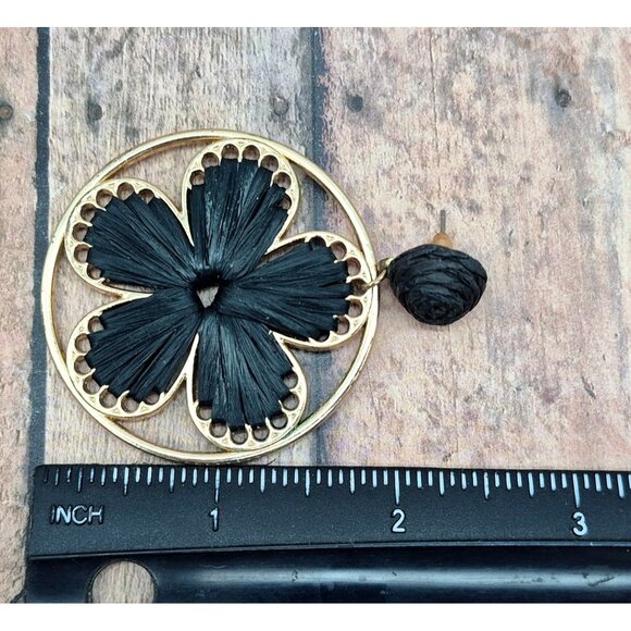 Cute Boho Gold Tone & Black Raffia Floral Flower Statement Drop Dangle Earrings - Picture 7 of 7